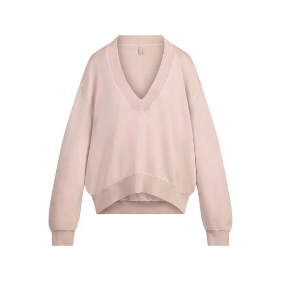 SKIMS Boyfriend Fleece Oversized V-Neck Pullover in Light Fawn L - Picture 3 of 8